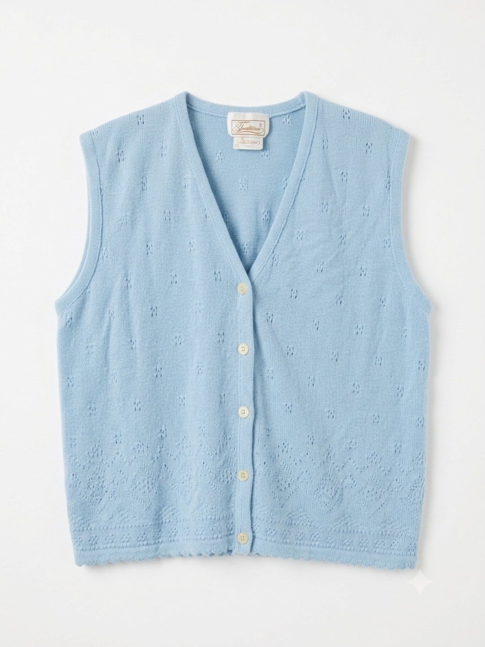 Vintage Tradition Powder Blue Pointelle Knit Sweater Vest Scalloped Hem Size M-L - Picture 1 of 12